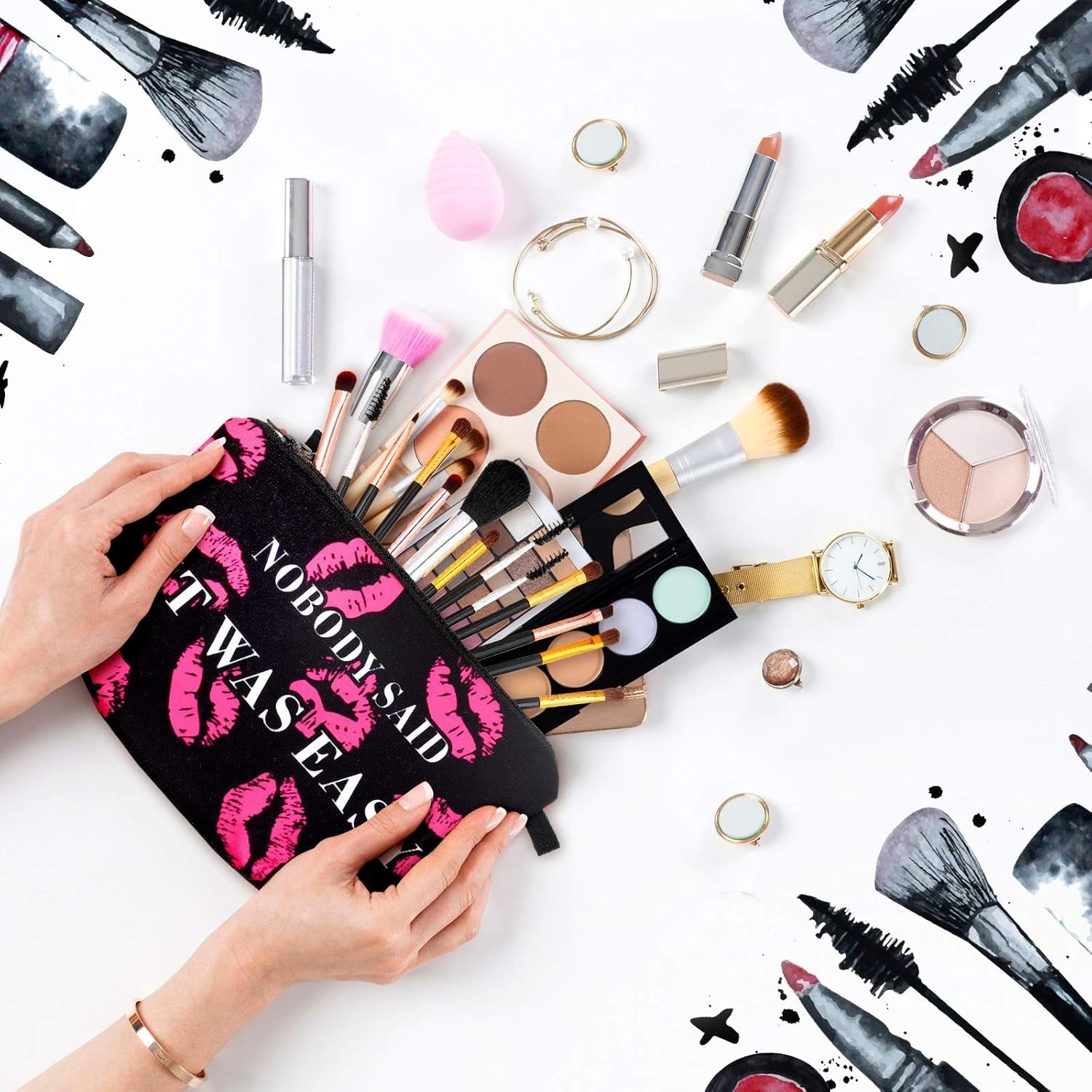 Heavenly Gadget Black, Gold And Pink Style Alphabet Cosmetic Bag Set - 10PC Lettered Makeup Pouches