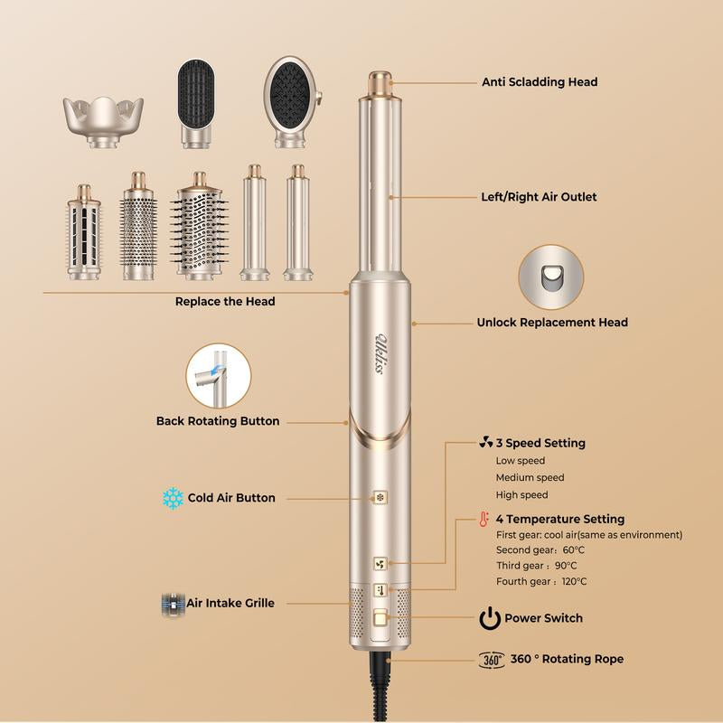 【NEW LAUNCH】UKLISS Fusionair DIY Hairstyler 8 in 1 Champagne Gold 90-Day Free Trial & Refund 2 Year Warranty 110000RPM Hairdryer + Haircurler + Hairstraightener + Hotairbrush + Lowtemperaturehaircare + Negativeions + Blowoutboost + Hairdiffuser + Fluffier