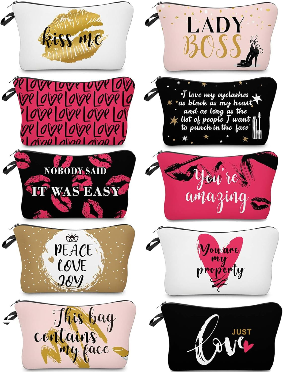 Heavenly Gadget Black, Gold And Pink Style Alphabet Cosmetic Bag Set - 10PC Lettered Makeup Pouches