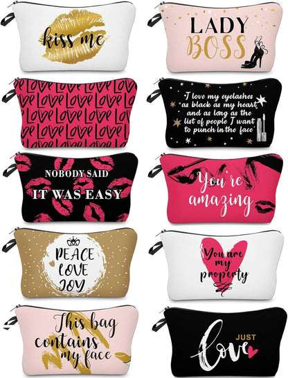 Heavenly Gadget  Black, Gold And Pink Style Alphabet Cosmetic Bag Set - 10PC Lettered Makeup Pouches
