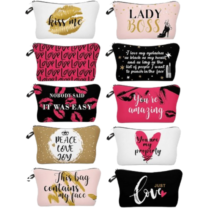 Heavenly Gadget  Black, Gold And Pink Style Alphabet Cosmetic Bag Set - 10PC Lettered Makeup Pouches