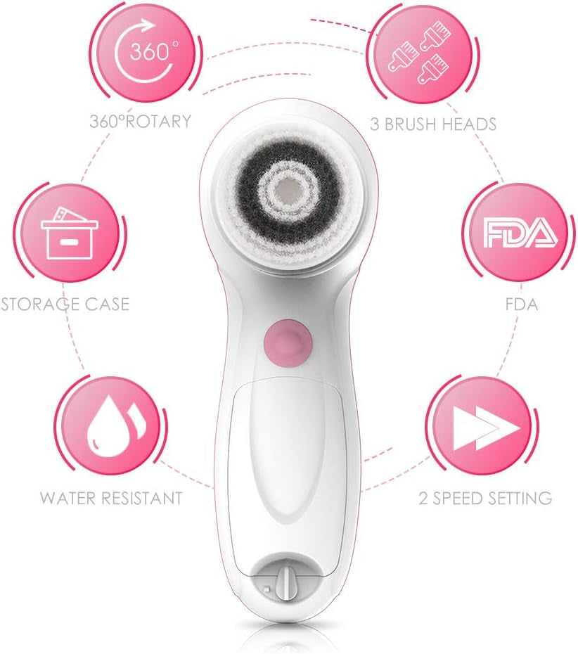 Facial Cleansing &amp; Exfoliator Brush Set with Travel Case 3 Professional Cleansing Brush Heads for Oil/Sensitive/Combination Skin |Waterproof, Dual Speed